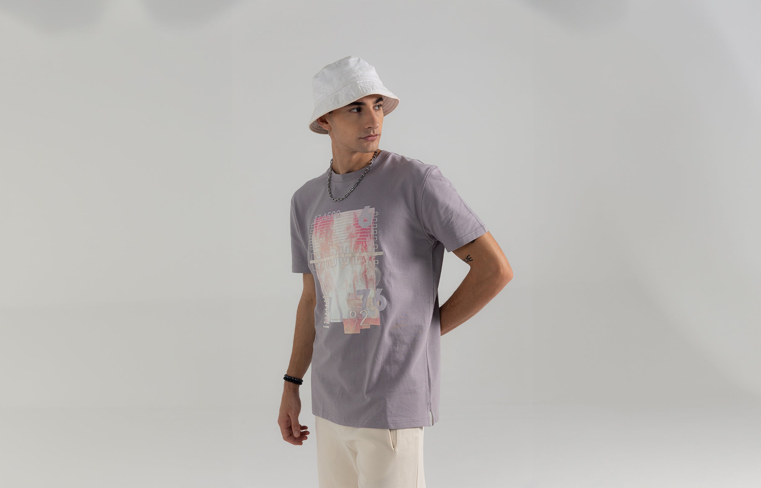 Grey Digital Print with Overlay Embroidery T-shirt - Casual Fit