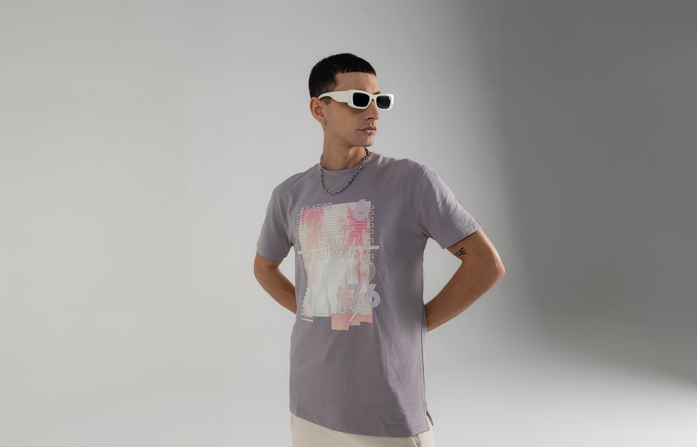 Grey Digital Print with Overlay Embroidery T-shirt - Casual Fit