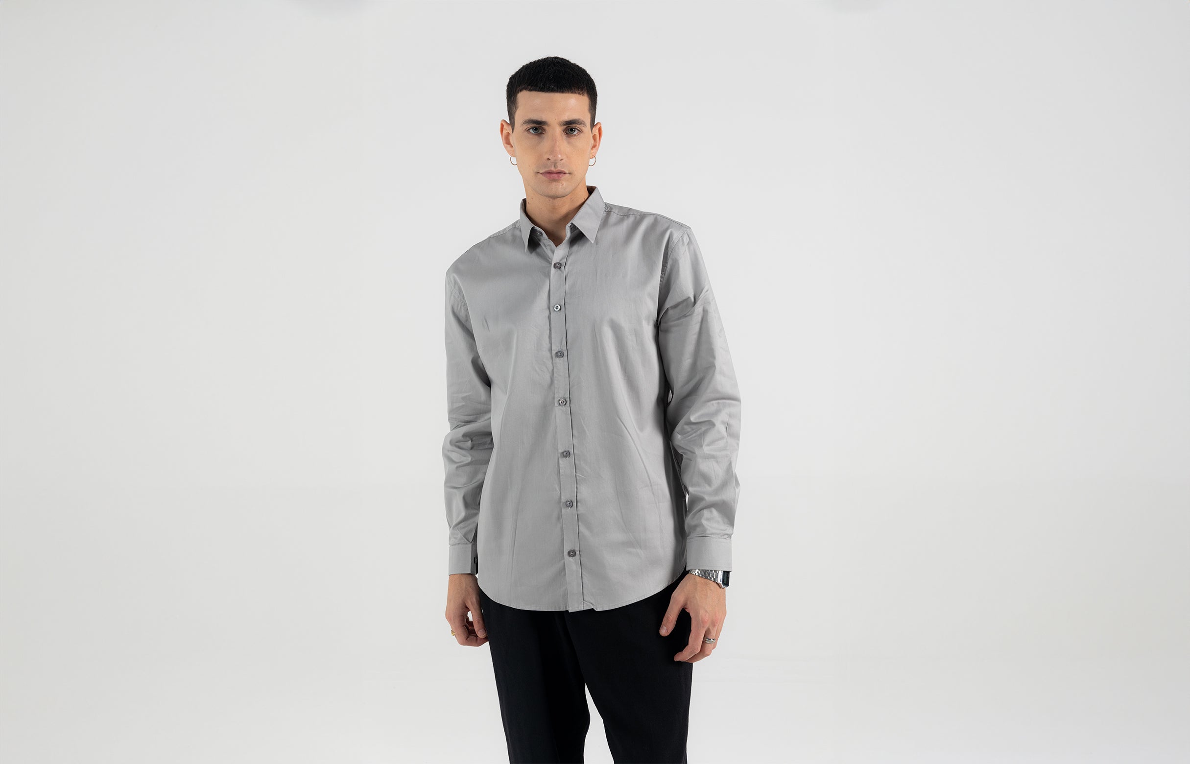 Grey Plain-Weave Egyptian Cotton Shirt -Slim Fit