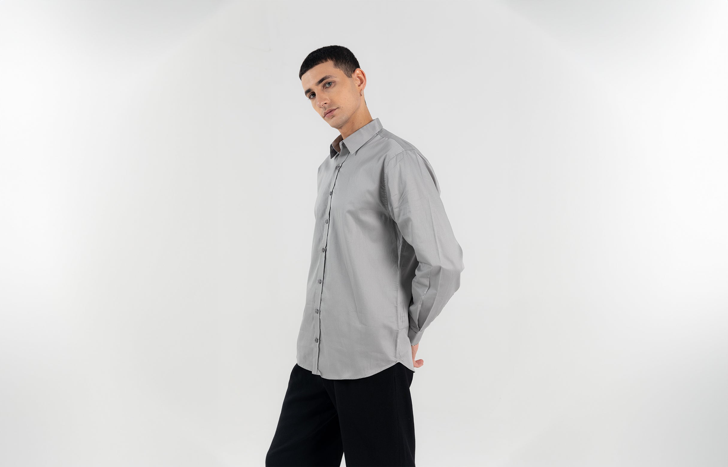 Grey Plain-Weave Egyptian Cotton Shirt -Slim Fit