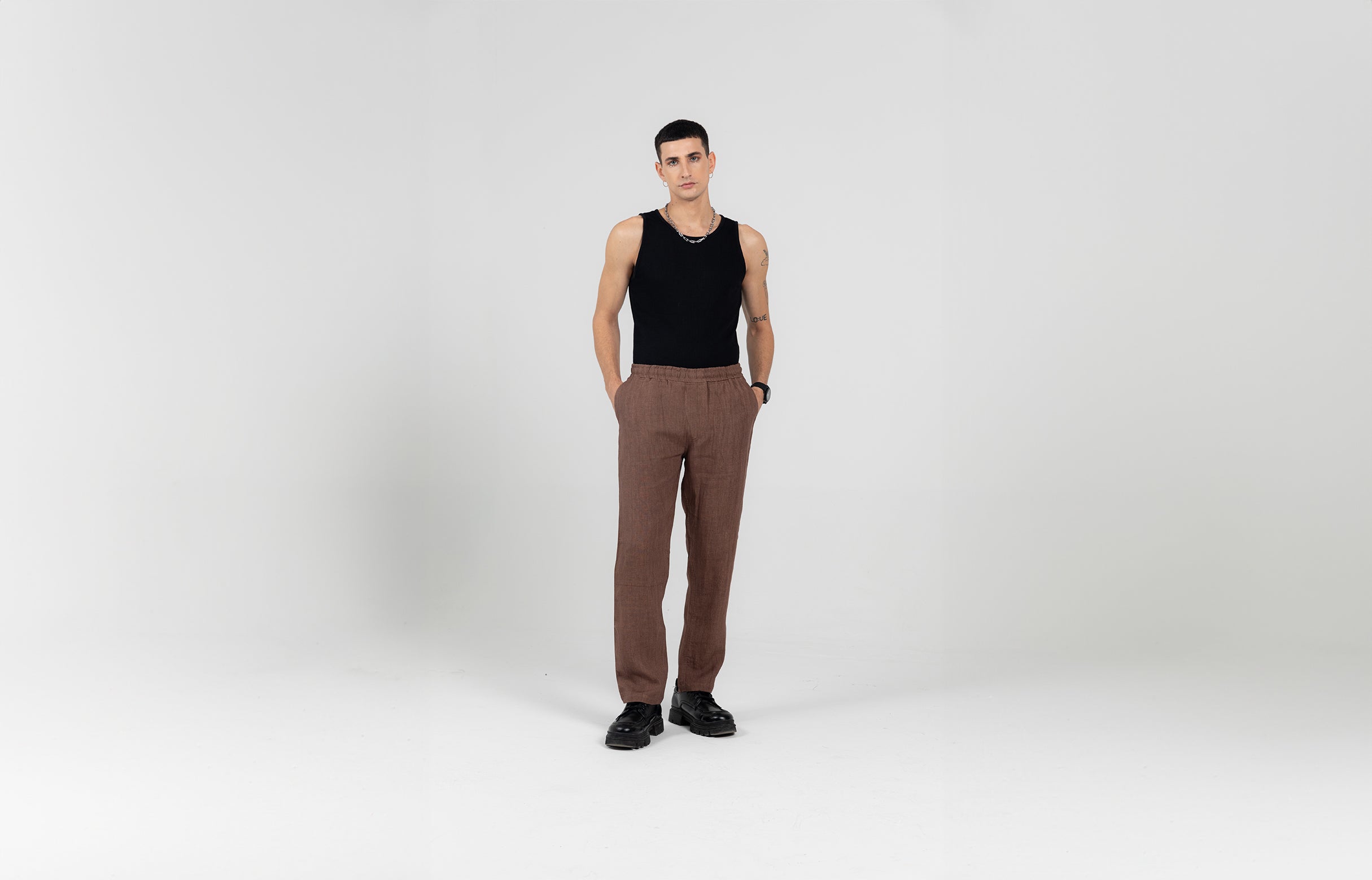 Deep Taupe Linen Trousers -Straight Fit